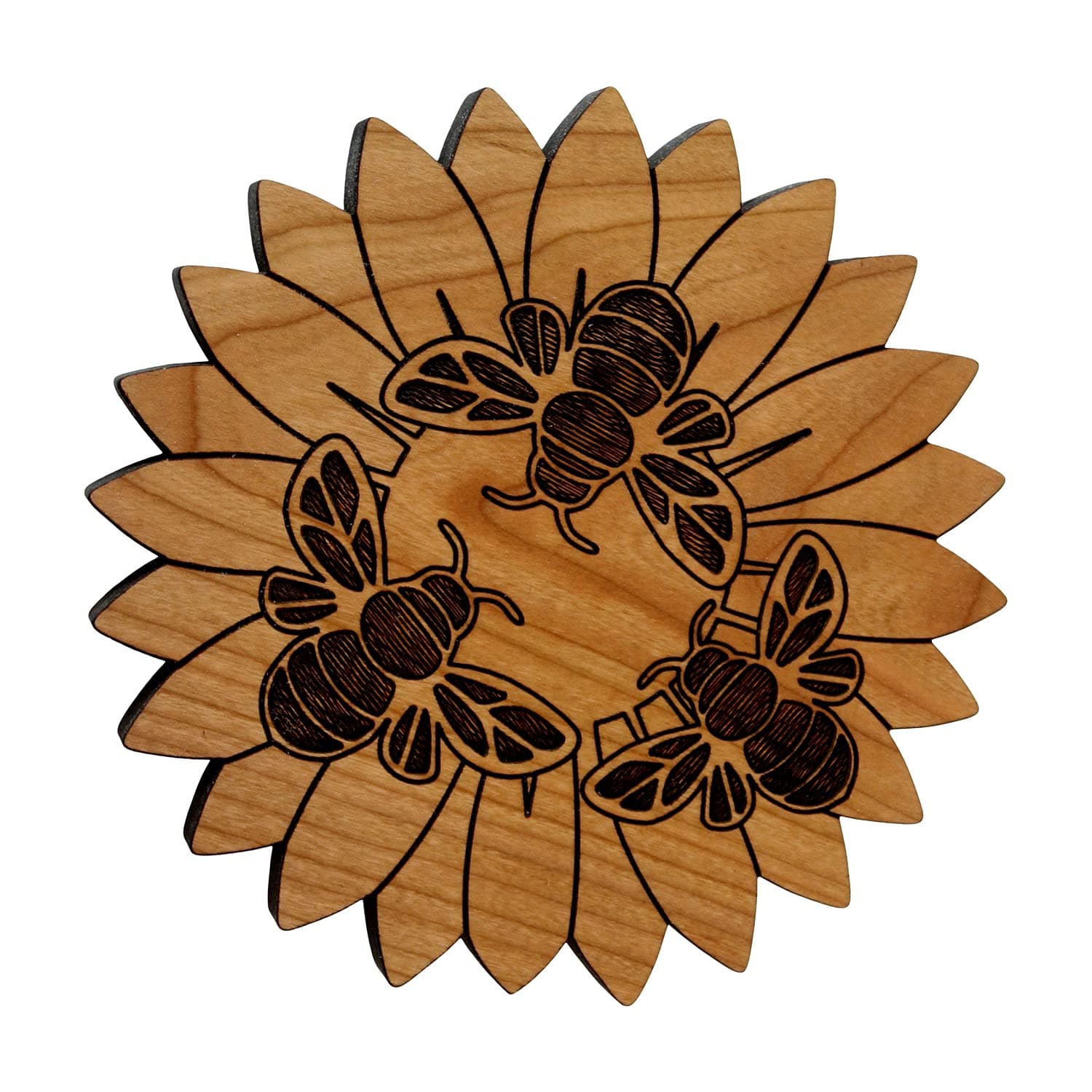 Honey Bees on a Flower Trivet- Hand Crafted in The USA From Solid Cherry Hardwood (7.5 Inch Trivet)