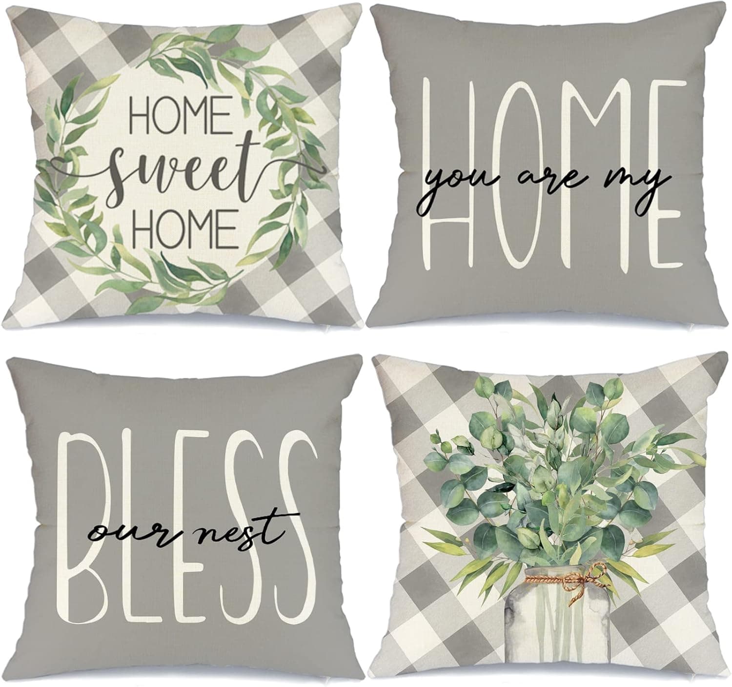 Farmhouse Pillow Covers Set of 4 20x20 Farmhouse Spring Decor Eucalyptus Leaves Grey Pillows Decorative Throw Pillow Covers Buffalo Plaid Pillowcase Spring Decorations for Couch Sofa A543-20