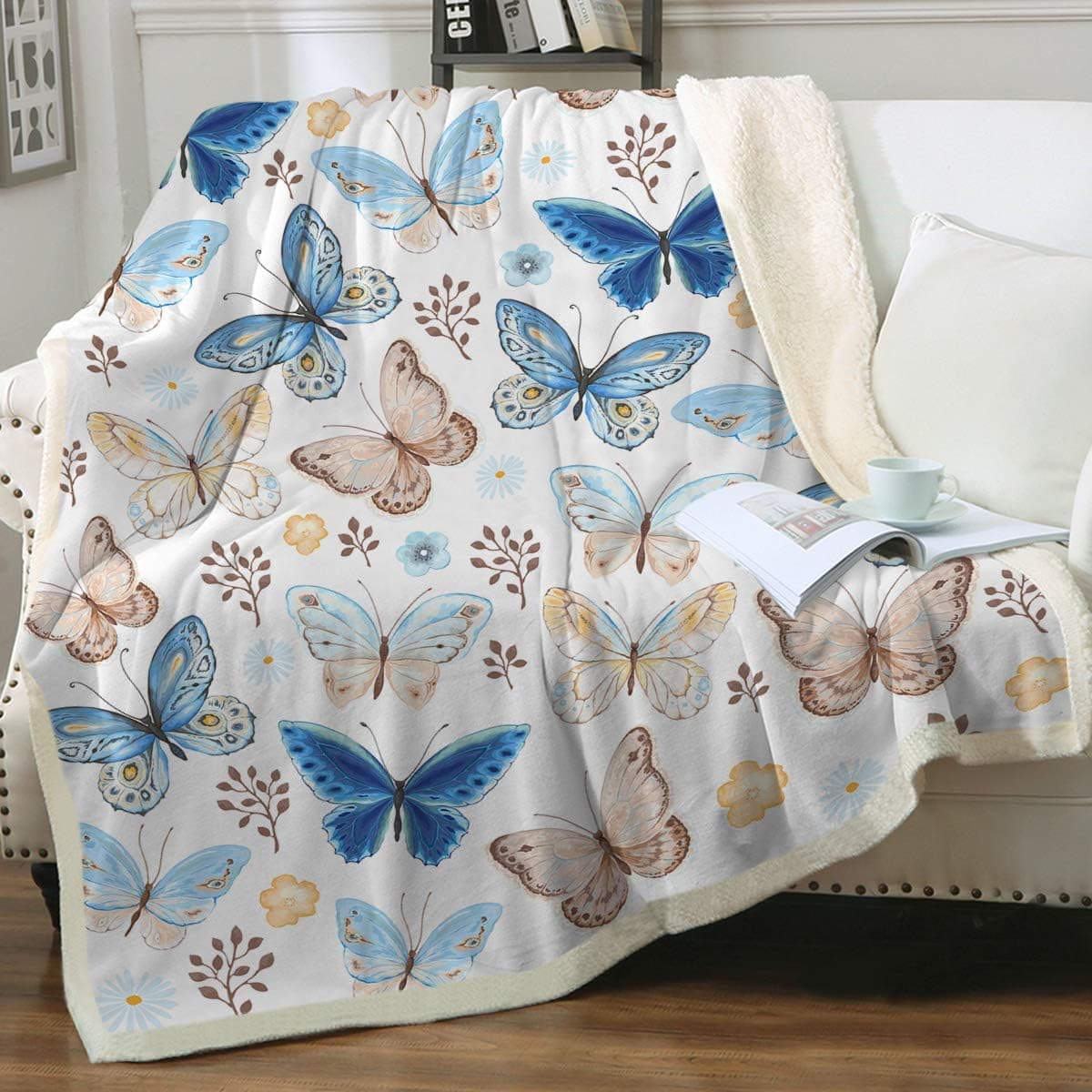 Sleepwish Butterfly Print Sherpa Fleece Blanket for Women Girls White Vintage Blue Watercolor Butterflies Pattern Fuzzy Soft Bed Blanket for Couch Sofa Bed Twin(60"x80")