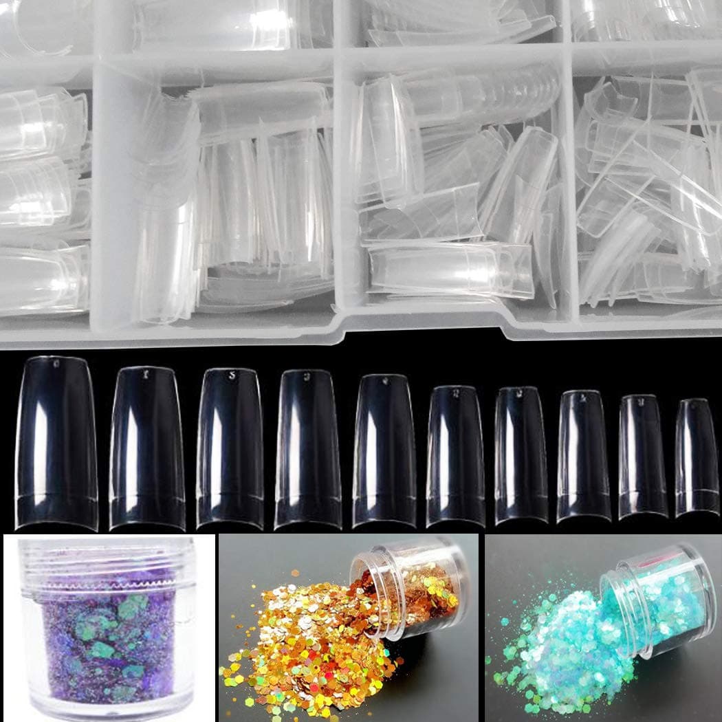 Acrylic Nail Art Tips Clear French False Nails Artificial Fake Nails 10 Size 500pc with Case, 3 Bottles Holographic Gold Purple Iridescent Chunky Nail Glitter Sequins Nail Decor (French with Case)