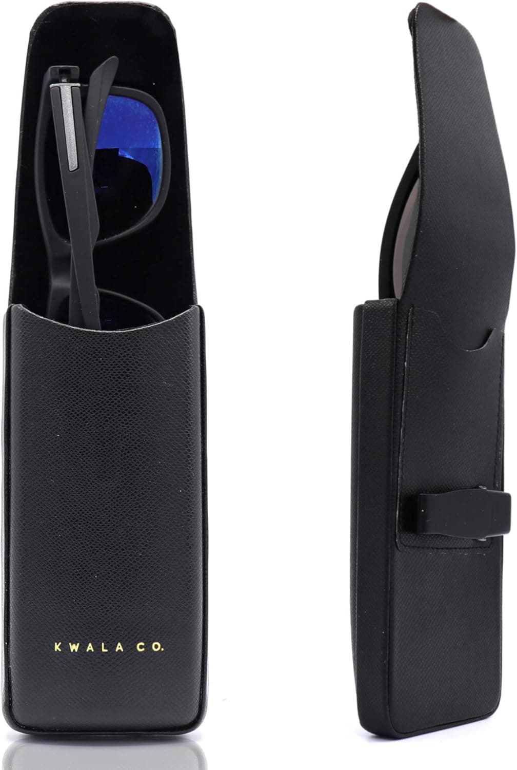 Kwala Eyewear Clip on Case - PU Leather Hard Shell Eyeglasses and Sunglasses Case with Clip for Small to Medium Eyewear