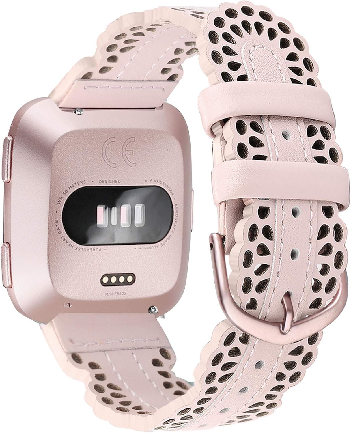 CrocSee Top Grain Leather Bands Compatible with Fitbit Versa/Fitbit Versa 2/Fitbit Versa Lite & SE Smartwatch, Breathable Chic Lace Leather Strap for Women, Pink with Rose Gold Buckle