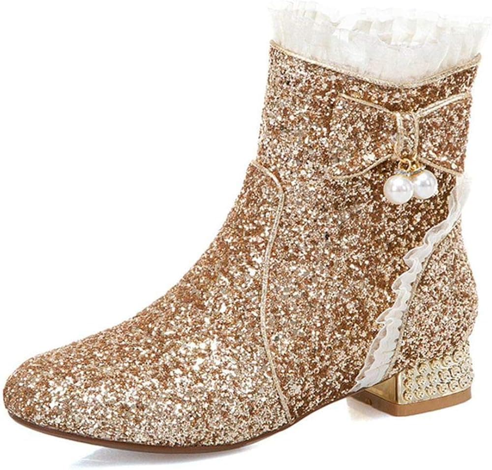 heelchic Women's Glitter Side Zipper Ankle Boots Ladies Sweet Bowtie Dress Party Short Boots