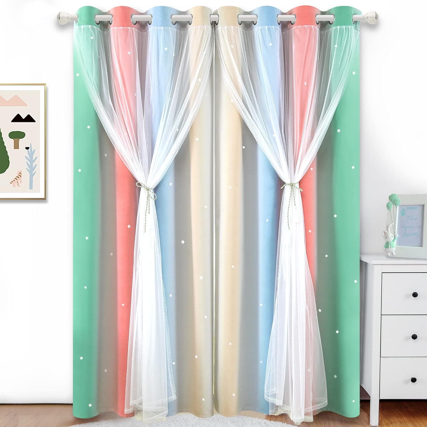 Kinryb Rainbow Star Cut-Out Kids Bedroom Curtains - 2 Layer Girls Bedroom Curtain Thermal Insulated Drapes for Living Room Beige/Blue 52W x 84L 2 Sets