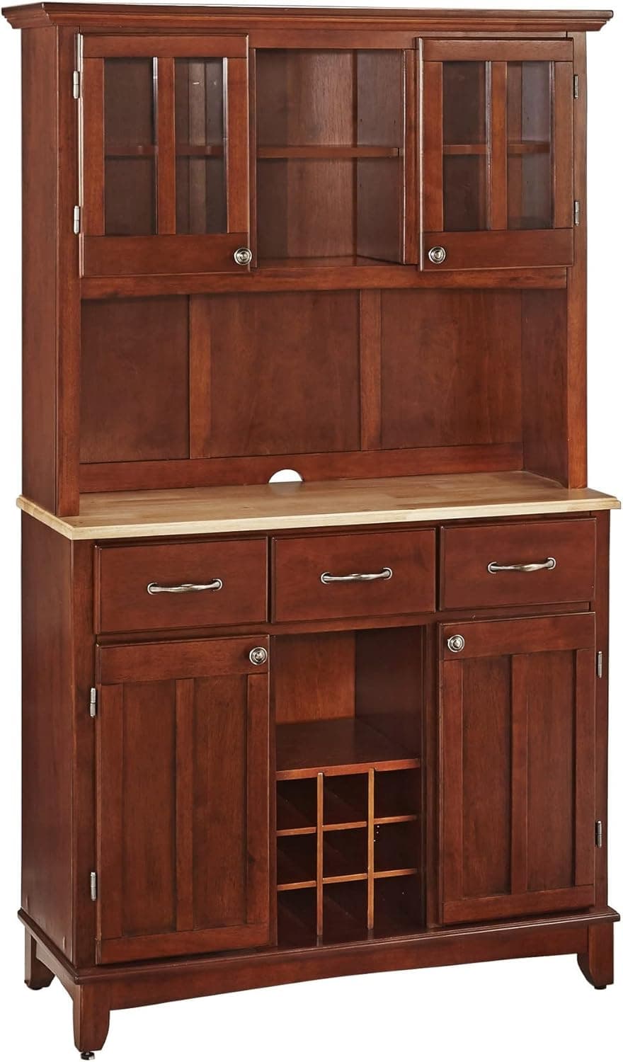 Home Styles Large Buffet of Buffets and Hutch with Cherry Finish with Natural Wood Top, Three Utility Drawers, Two Framed Cabinet Doors, Optional Wine Storage, Plexiglas Doors, Plenty of Adjustable Storage