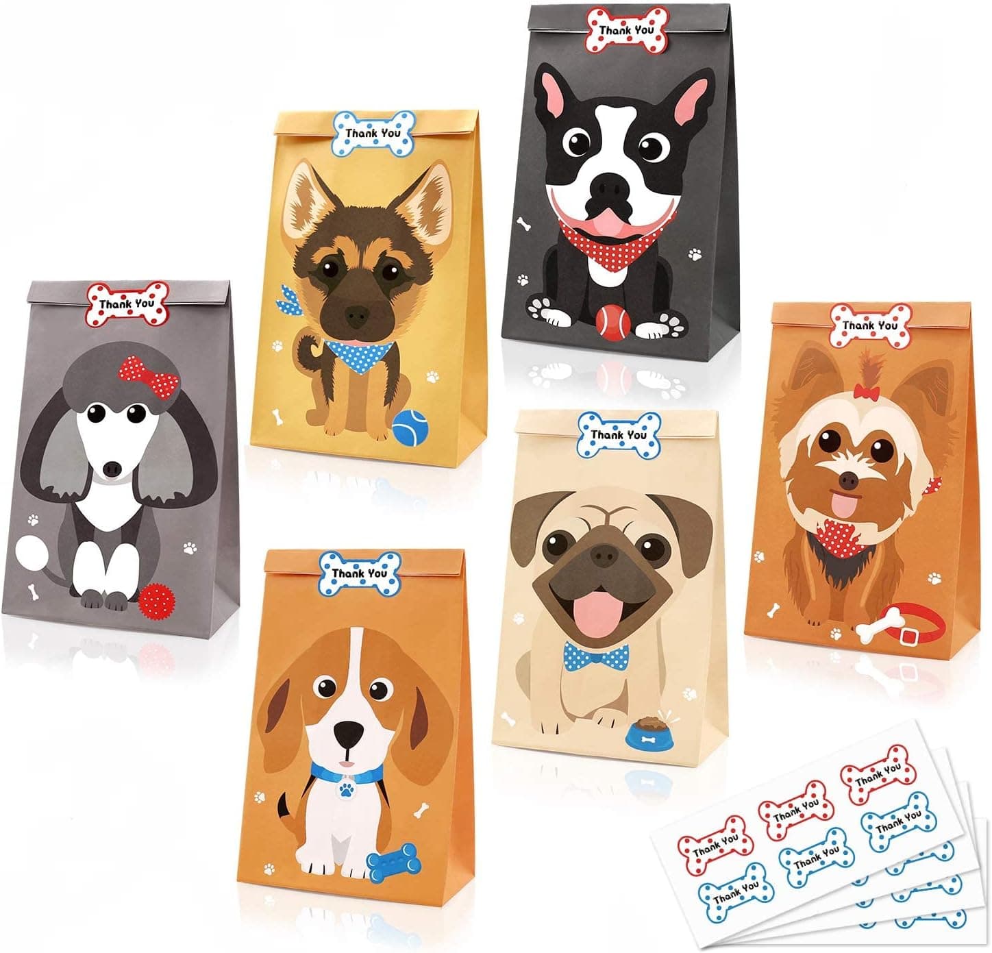 24 Pack Puppy Party Treat Bags with Thank You Stickers,Doggy Themed Goody Gift Bags for Kids Birthday Party Supplies Pet Adoption Party Favor Ideas Decoration