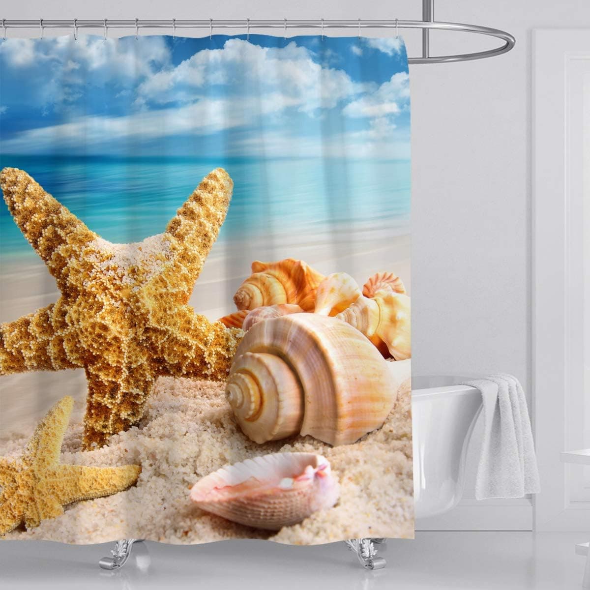EgticLive Beach Theme Shower Curtain with 12 Hooks-Starfish Seashell Water Resistant Bath Curtains Polyester Fabric Machine Washable Shower Curtains for Bathroom (72x72 in)