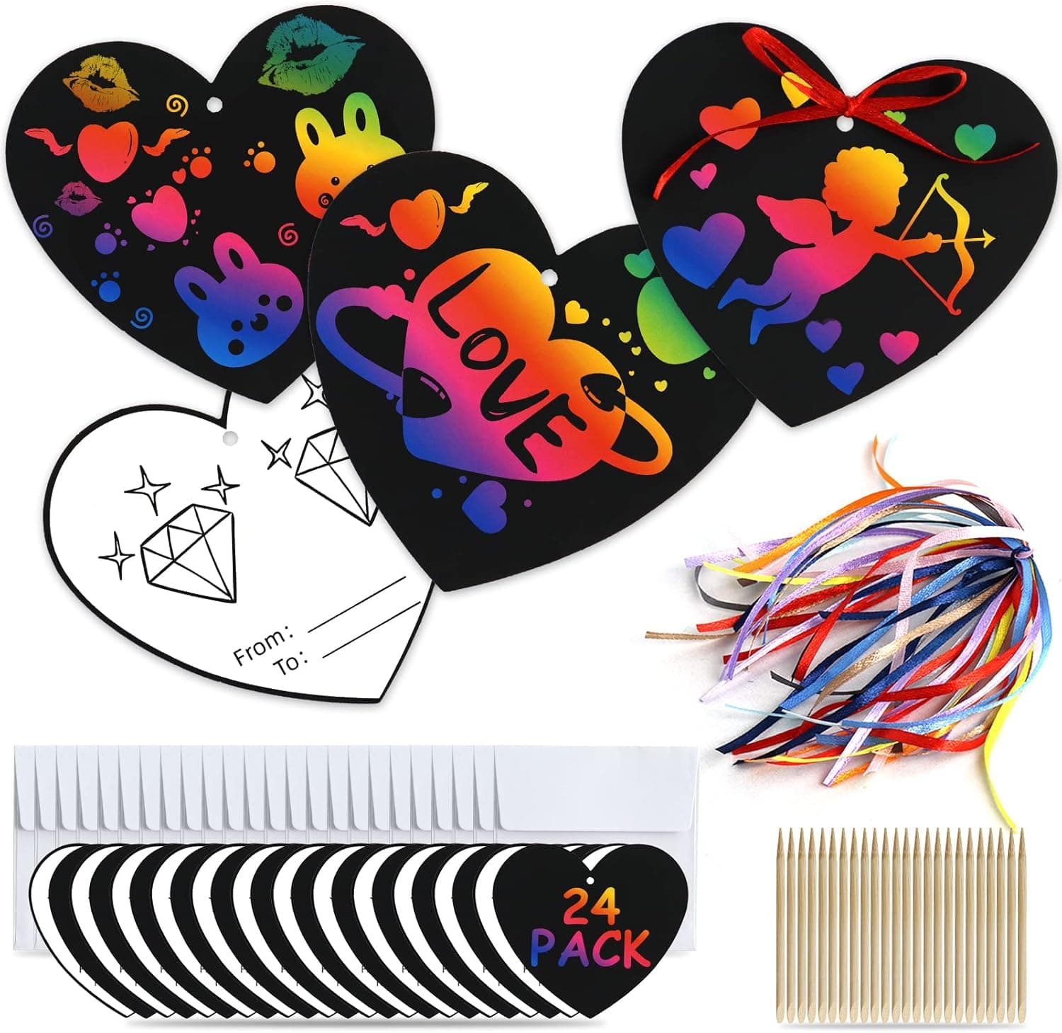 Heart-shaped Rainbow Scratch Paper Art 24 Pack Valentines Day Cards for Kids Toddler Class Exchange Party Favor DIY Cards with Wooden Styluses & Ribbons for Kids Decorative Crafts School Boy Girl Gift