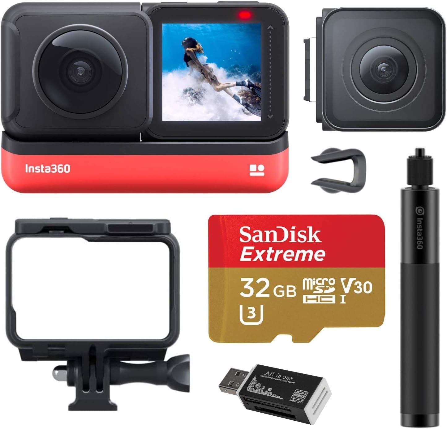 Insta360 ONE R Twin Edition Dual Lens 360 + 4K Wide-Angle Mods, Waterproof Sports and Action Camera Bundle with Invisible Selfie Stick, 32GB microSD Card, Card Reader