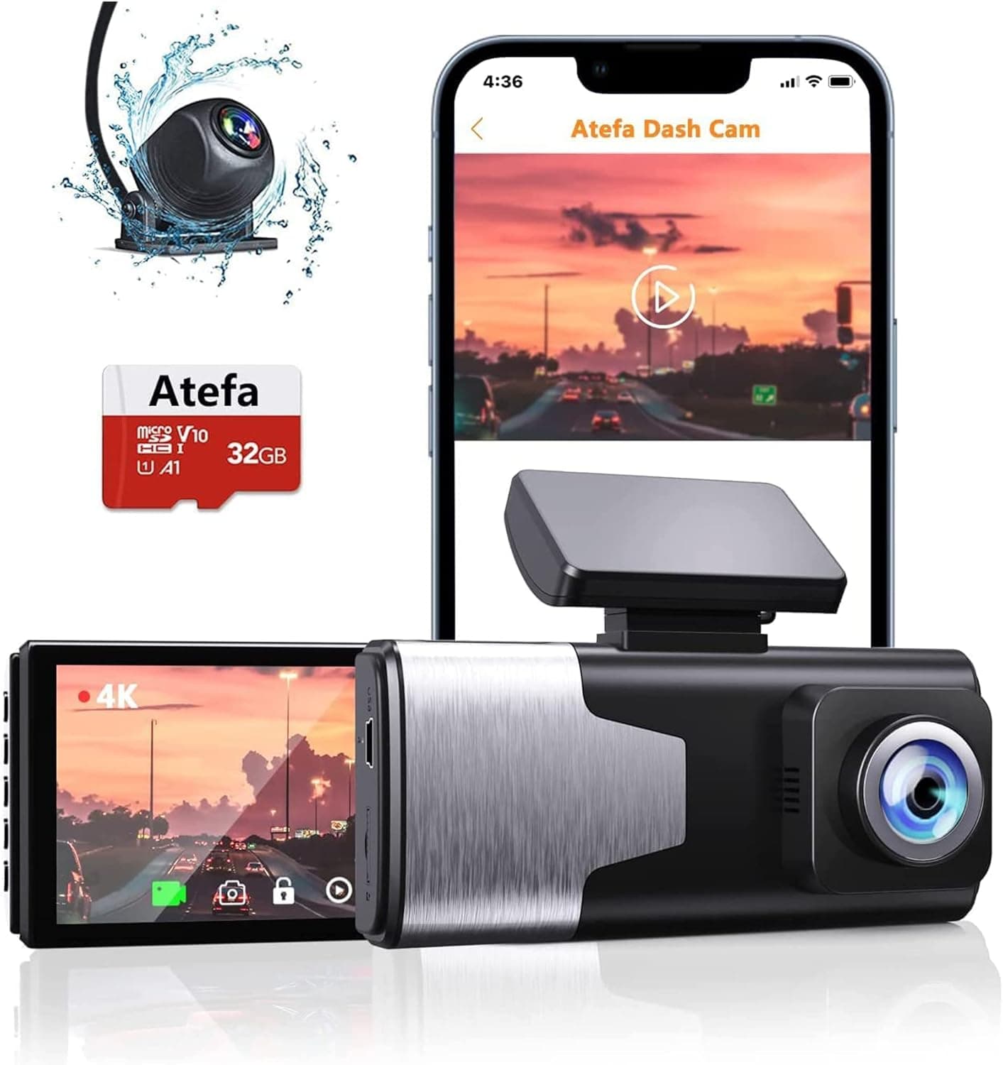 Atefa Car Camera Dash Cam 4K Front and 1080P Rear, Built in WiFi G-Sensor Wide Angle WDR Night Vision with 32GB Micro SD Card