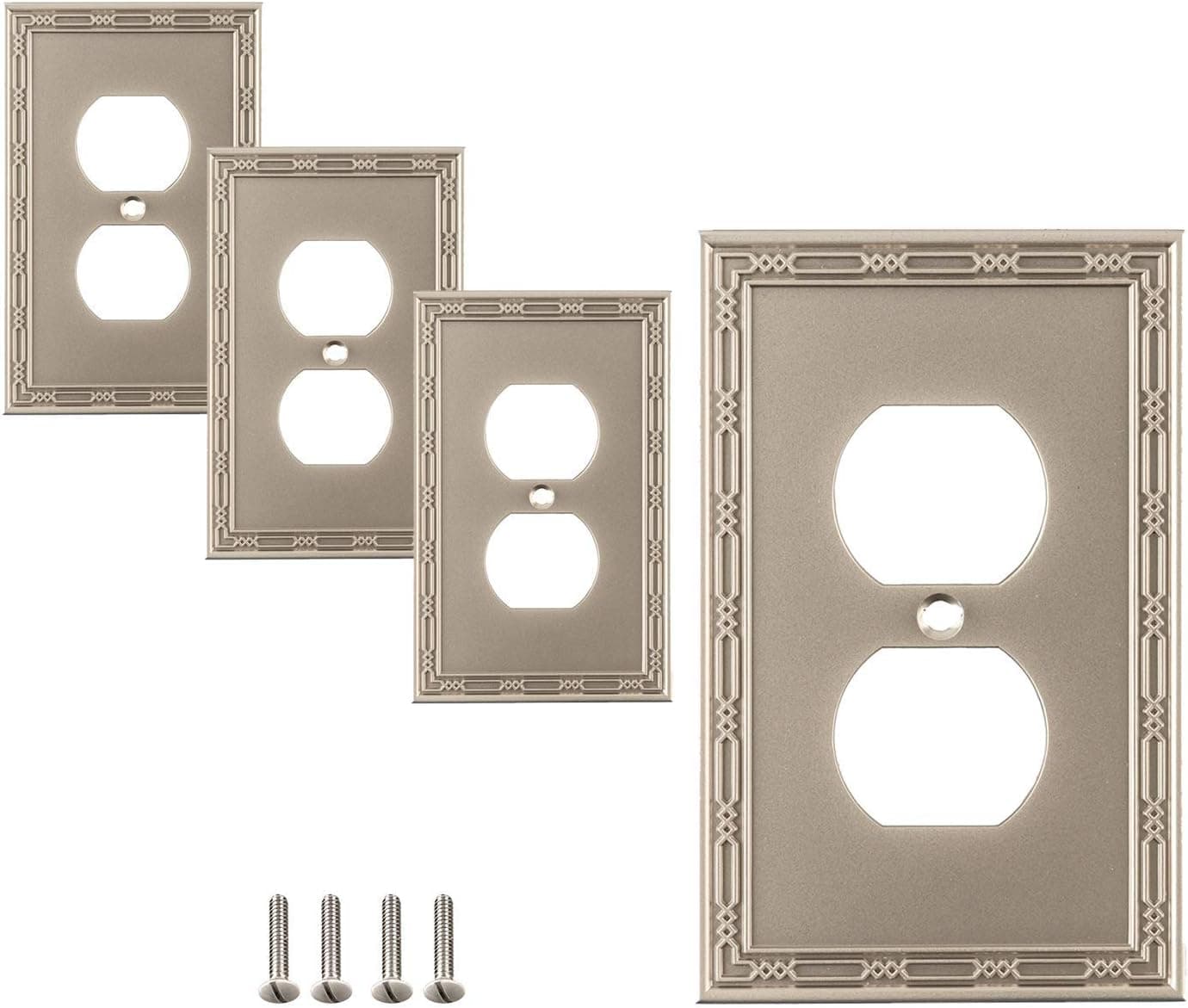 SleekLighting Duplex Wall plates | Decorative Zinc Cast Satin Nickel Finish | Electric Outlet Covers| Style: 1 Gang Duplex (4 Pack)