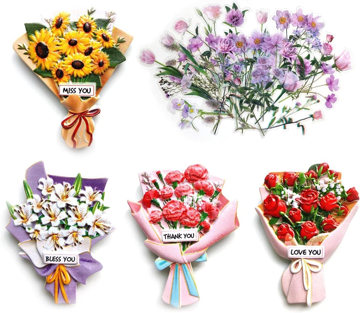 dbqpro Flower Refrigerator Magnets Flower Stickers, Creative Sunflower, Rose, Lily, Carnation 3D Resin Fridge Magnet for House Office Kitchen, Multi (BXT01)