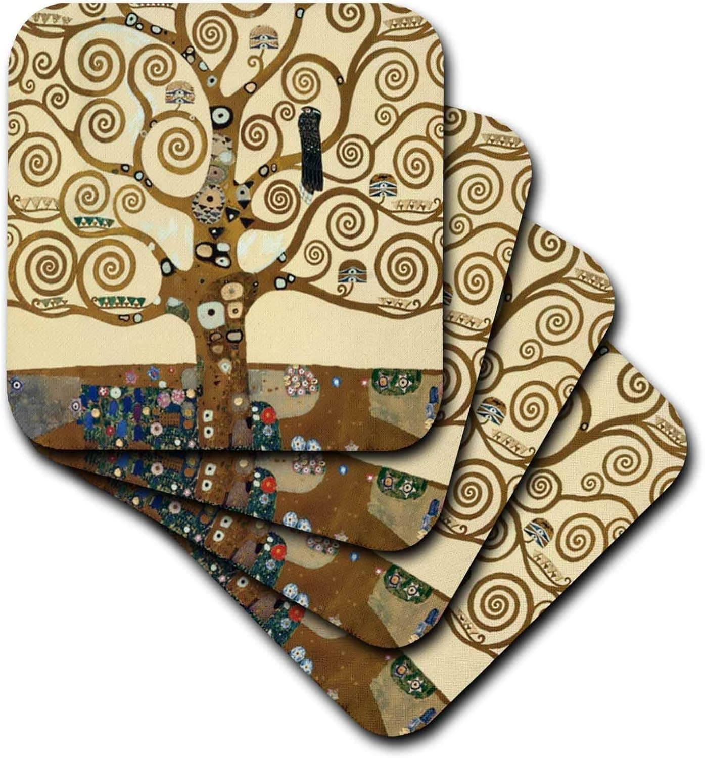 3dRose LLC cst_155632_2 Soft Coasters, "The Tree of Life 1909 by Gustav Klimt-Stylish Swirling Branches-Brown-Fine Art Deco Swirls", Set of 8