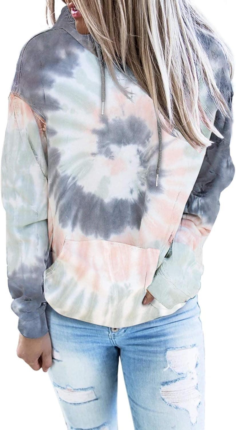ROSKIKI Womens Casual Long Sleeve Hoodies Pullover Sweatshirt Colorblock Tie Dye Print Tops