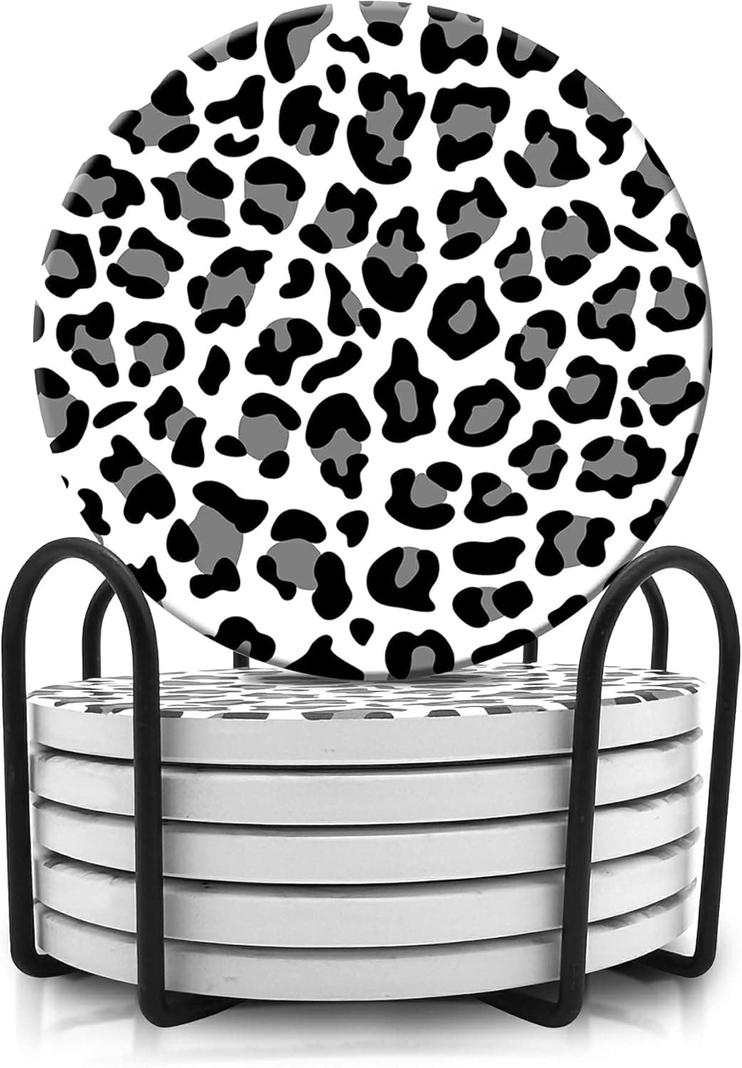 Dooke Coasters for Drinks, Round Absorbent Ceramic Stone Coasters Set of 6 with Cork Base, Funny Drink Coasters with Holder for Cold Drinks Wine Mugs and Cups Tabletop Protection, 4 Inches,Leopard