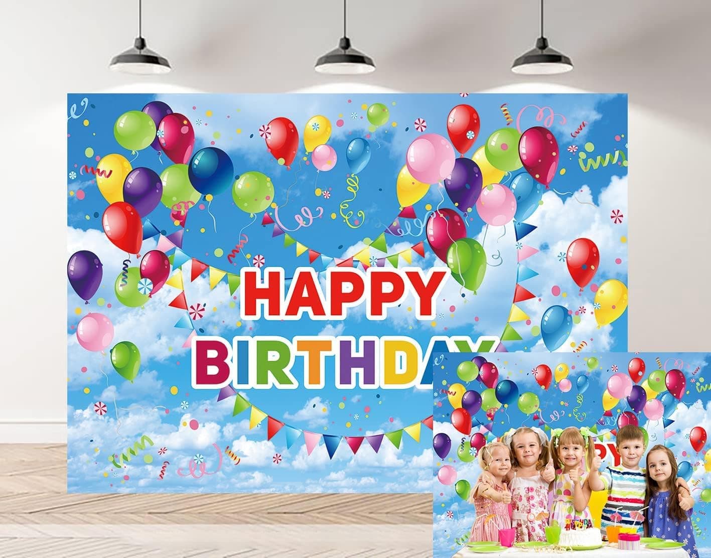 Blue Sky and White Clouds Happy Birthday Backdrop for Colorful Balloons Photography Backdrop Party Decoration Baby Boy Girl Artistic Photo Studio Props (8x6FT)