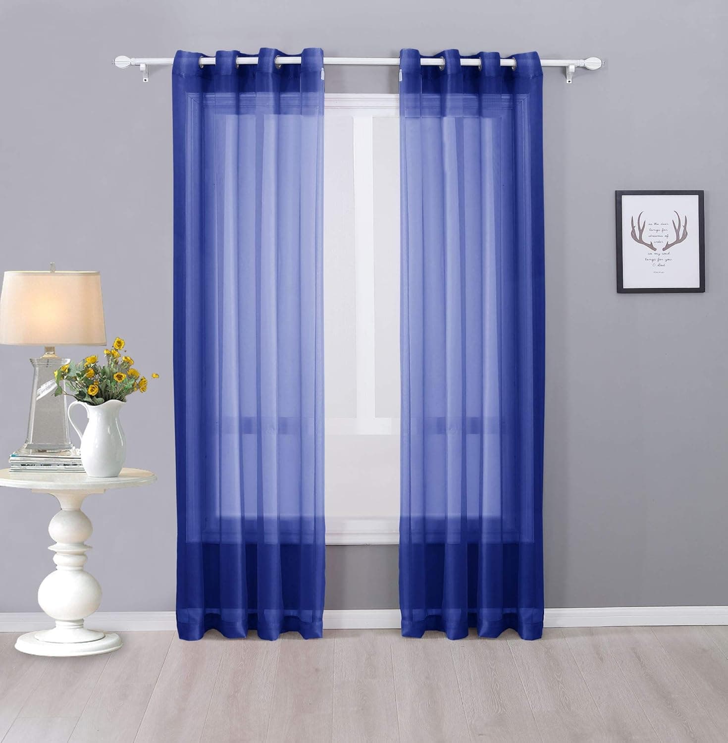 Interior Trends Ariana 2 Piece Sheer Voile Fully Stitched Window Panel Curtain Drape Set with Grommets (95" Length, Royal Blue)