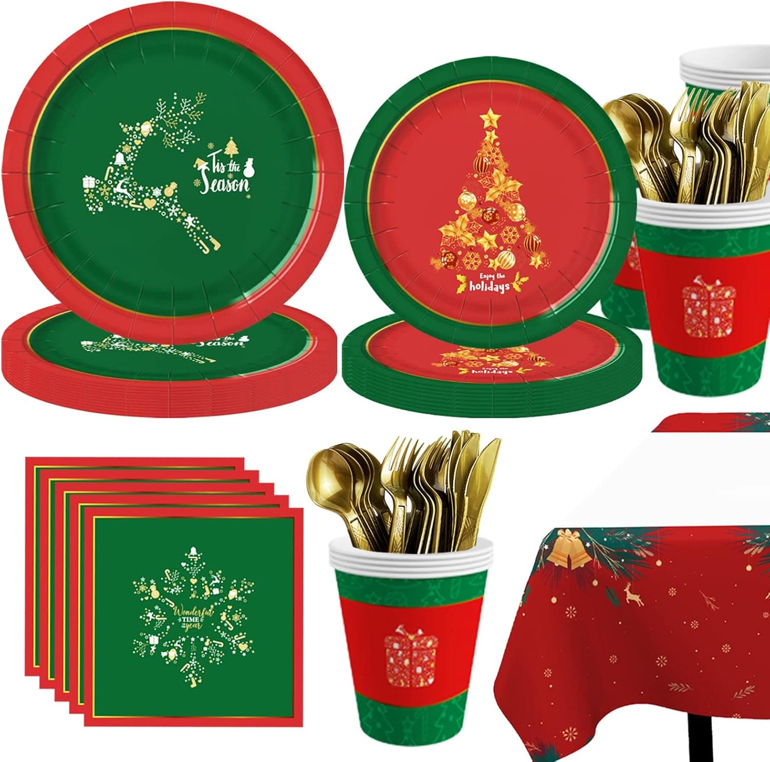 Christmas Paper Plates and Napkins - Christmas Decorations, Christmas Party Supplies Pack Serves 24, 48 Plates, 24 Cups, 24 Napkins, 24 Knives, 24 Forks, 24 Spoons and a Tablecloths，Great for Christmas Party Supplies