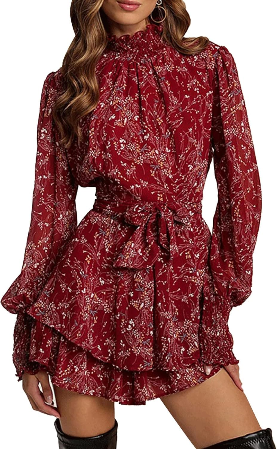 Vrtige Women's Floral Print Mock Neck Tie Waist Long Sleeve Ruffle Hem A Line Mini Dress Red X-Large