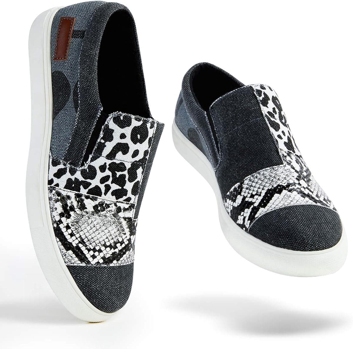 Women Slip-on Sneakers Leopard Snakeskin Stitching Fashion Canvas Sneaker Shoes No Chill Flat Loafers Casual Platform Comfortable Walking Sports Shoes