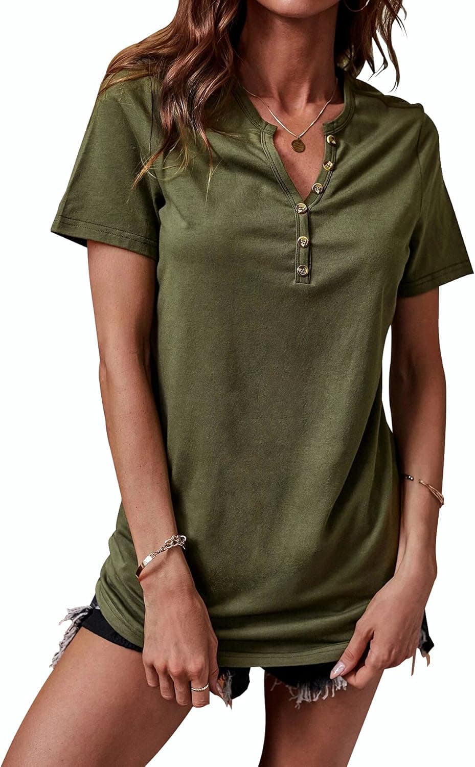 Womens Tunic T Shirts Short Sleeve Notch Neck Button Front Shirts Summer Casual Tops