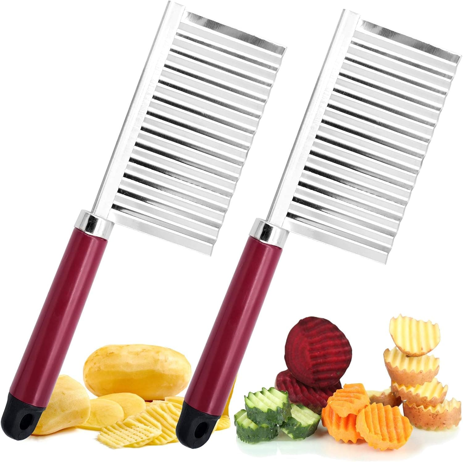 2pcs Stainless Steel Crinkle Cutters, Potato Wavy Chopper Knife, French Fries Slicer for Fruit, Veggies and Carrots, Making Cucumbers Pickling