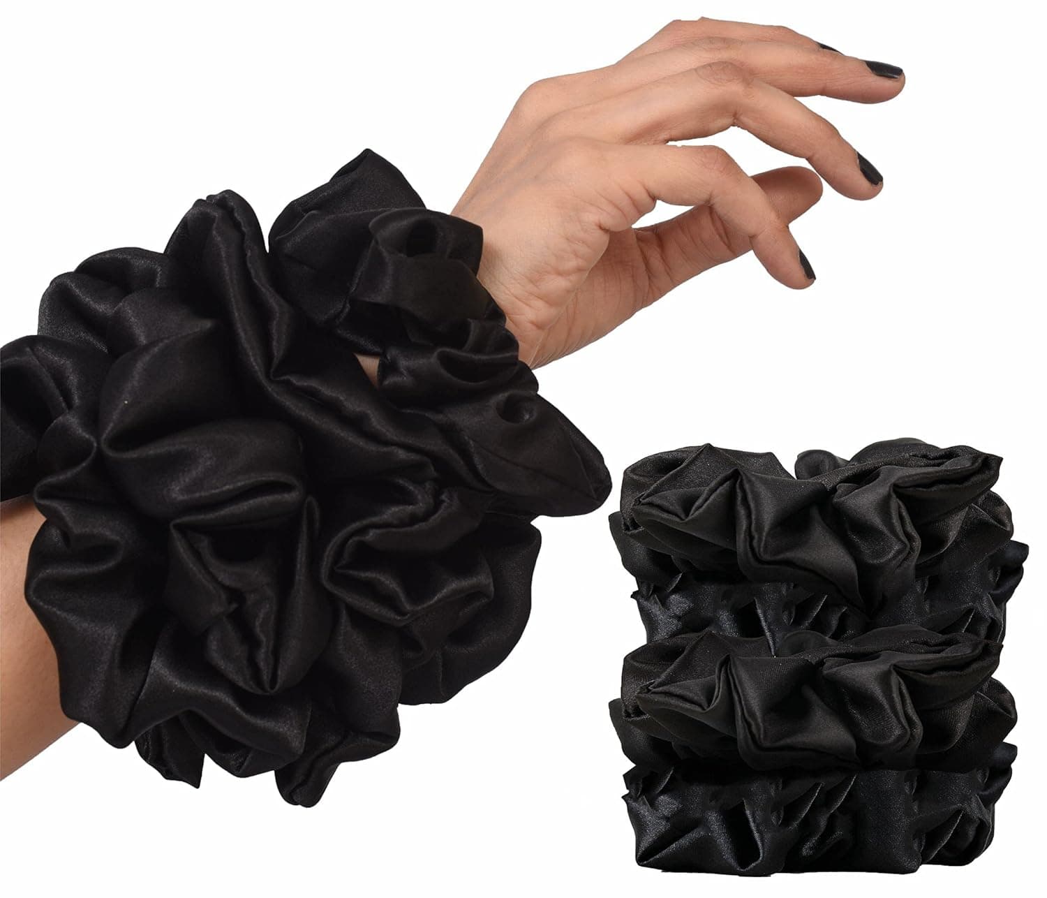 Lang Horn Satin Silk Scrunchies for Hair - Soft Silky Satin Elastic Silk Hair Ties and Hair Bands Scrunchy Ponytail - Silk Hair Scrunchies for Women Girls Lady Children (Set of 4 (Black, Extra Large))