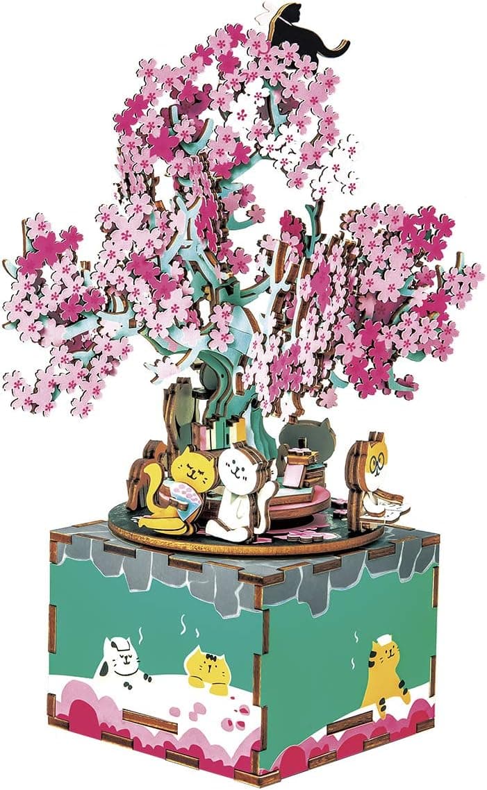 ROBOTIME 3D Puzzle DIY Music Box Puzzle Wood Model Kits to Build Rotating Cherry Blossoms Tree Craft Kits Unique Gift for Age 14+