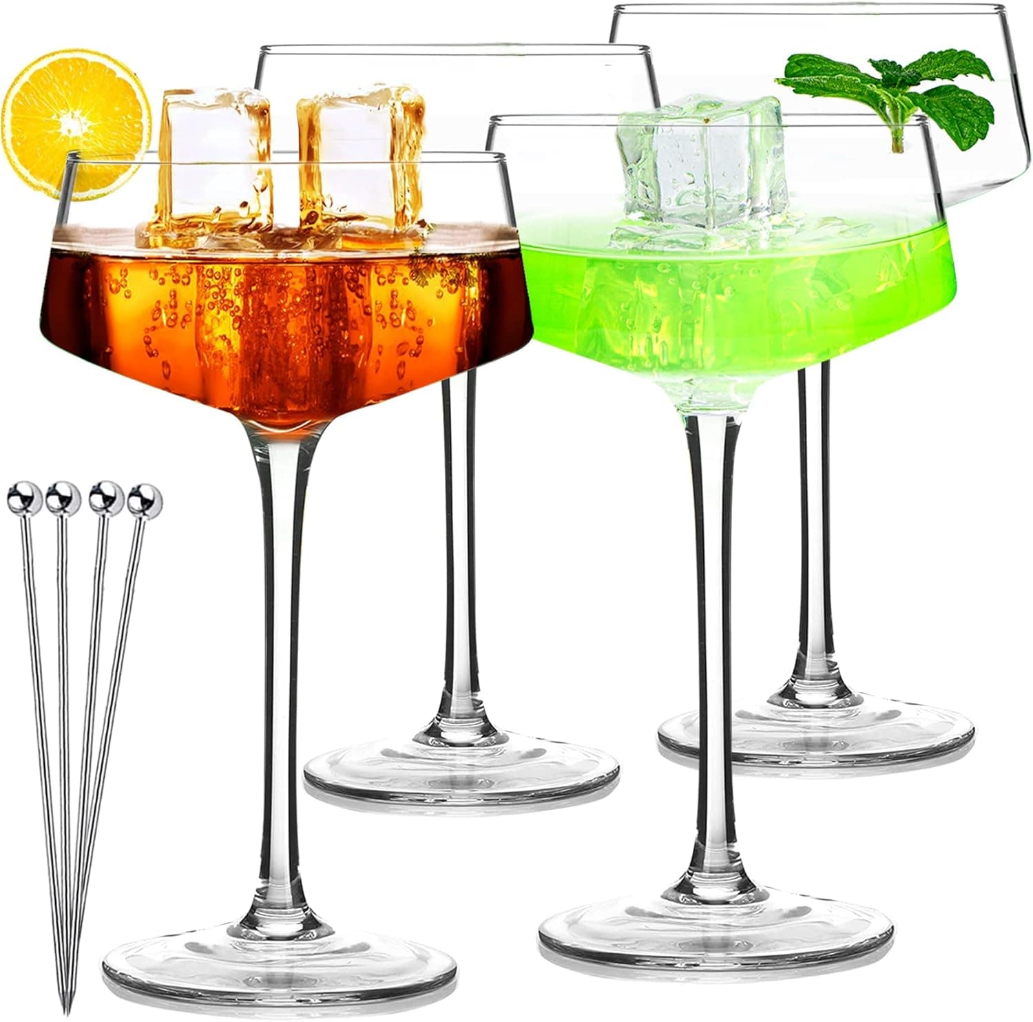 iooiluxry Martini Glasses Set of 4, 8oz Coupe Glass Set with Cocktail Picks, Crystal Cocktail Glasses, Champagne Glasses Set of 4, Martini Glass, Bar Glassware for Margarita Manhattan Mixed Drinks