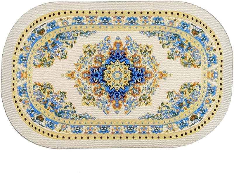 Melody Jane Dollhouse Beige Blue Woven Rug No Fringe Small Oval Turkish Carpet Miniature