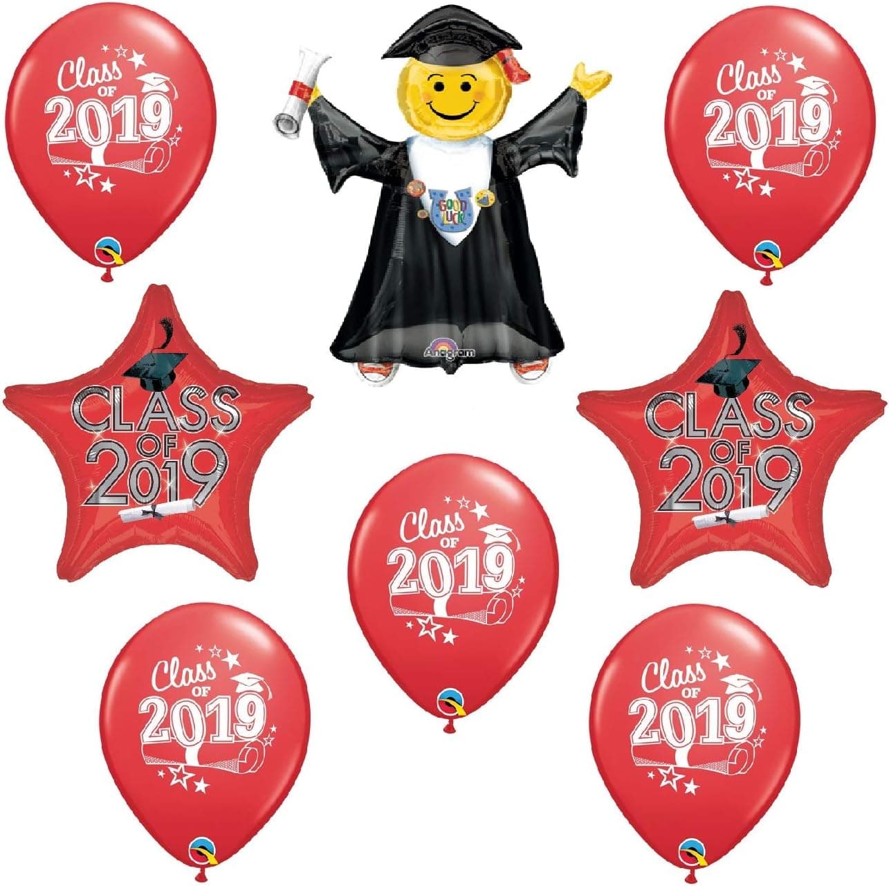 DalvayDelights 2019 Red Grad Graduation Jumping 8 Piece Party Mylar and Latex Balloon Bouquet Set