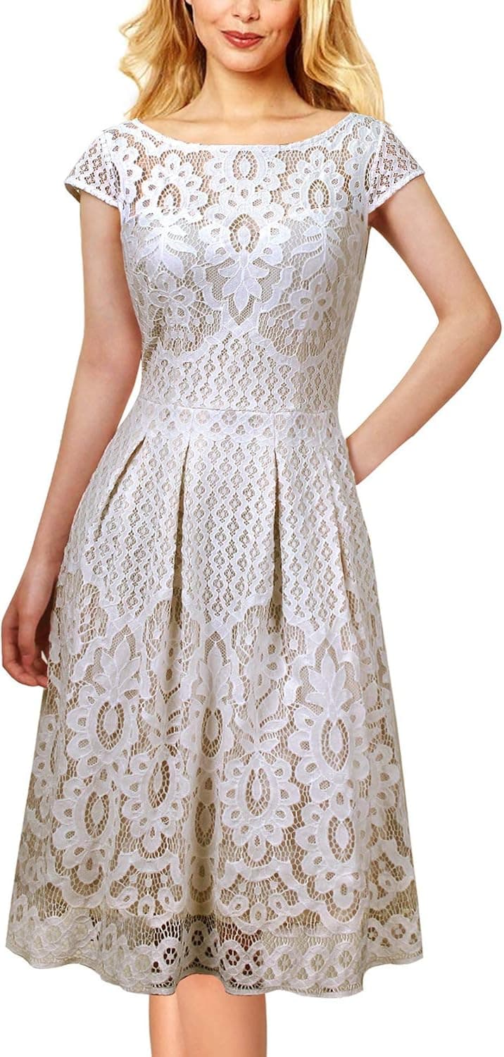 VFSHOW Womens Floral Lace Pockets Pleated Cocktail Party Skater A-Line Dress
