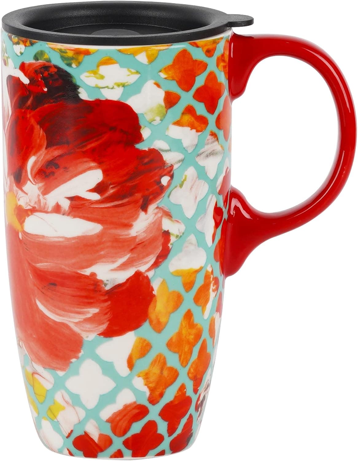 Topadorn Ceramic Coffee Mug Travel Cup Gift with Lid 17oz, Porcelain Tall Tea Cup with Handle for Home & Office, Red Flower & Waffle Art Pattern Gift Mug, 6.5''H