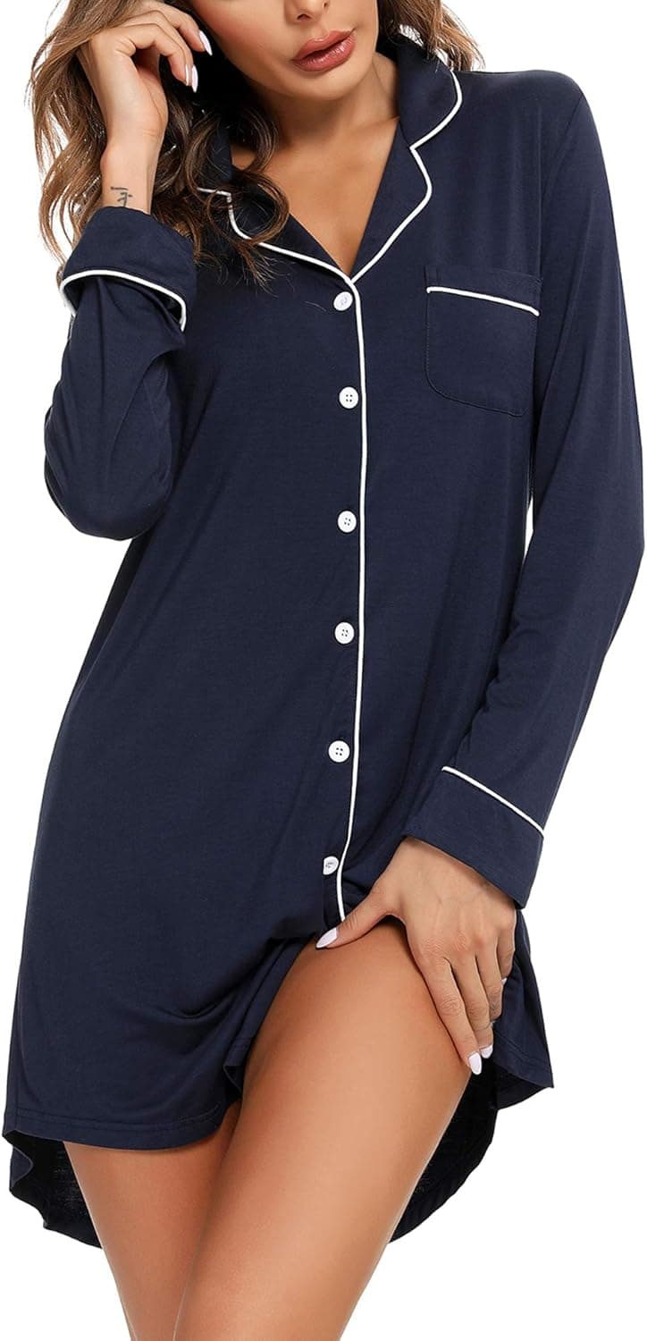 Senert Nightgown for Women Sleep Shirt Short Long Sleeve Sleepwear Boyfriend Nightshirt Button Down Pajama Dress S-XXL