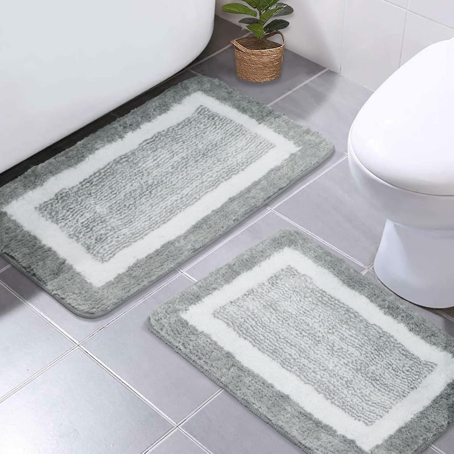 TIDHFNV Low Pile Bath Rugs for Bathroom Sets 2 Piece Soft Water Absorbent Bath Mats Non Slip Microfiber Plush Bathroom Rug Machine Washable (Grey,17x24+20x30
