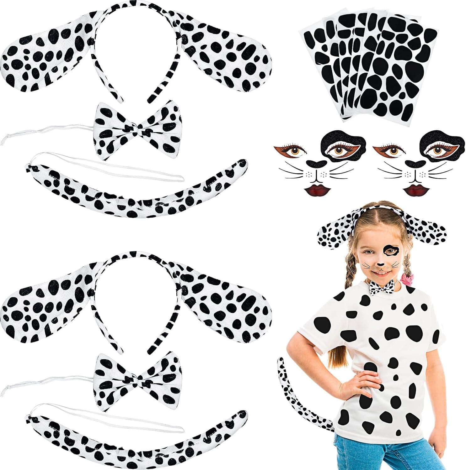 2 Set Dalmatian Costume Accessories Puppy Dog Headband Ears, Bowtie, Tail Set with 2 Pcs Dalmatian Face Stickers, 6 Sheets Black Adhesive Felt Pads for Baby Adult Dalmatian Halloween Dress Up Costume
