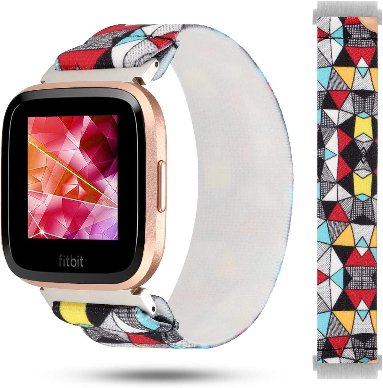 YOSWAN Nylon Scrunchie Band Compatible with Fitbit Versa/Versa 2/Versa Lite for Women Girls Soft Stretch Strap Wristband Bracelet Compatible for Versa Smart Watch (Colorful Triangle)