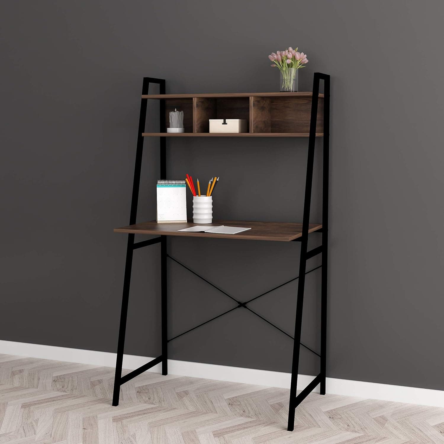 RAAMZO 2-Tier Home Office Computer Laptop Desk with 3 Upper Cubbies Storage, Nutmeg Brown Finish Black Frame