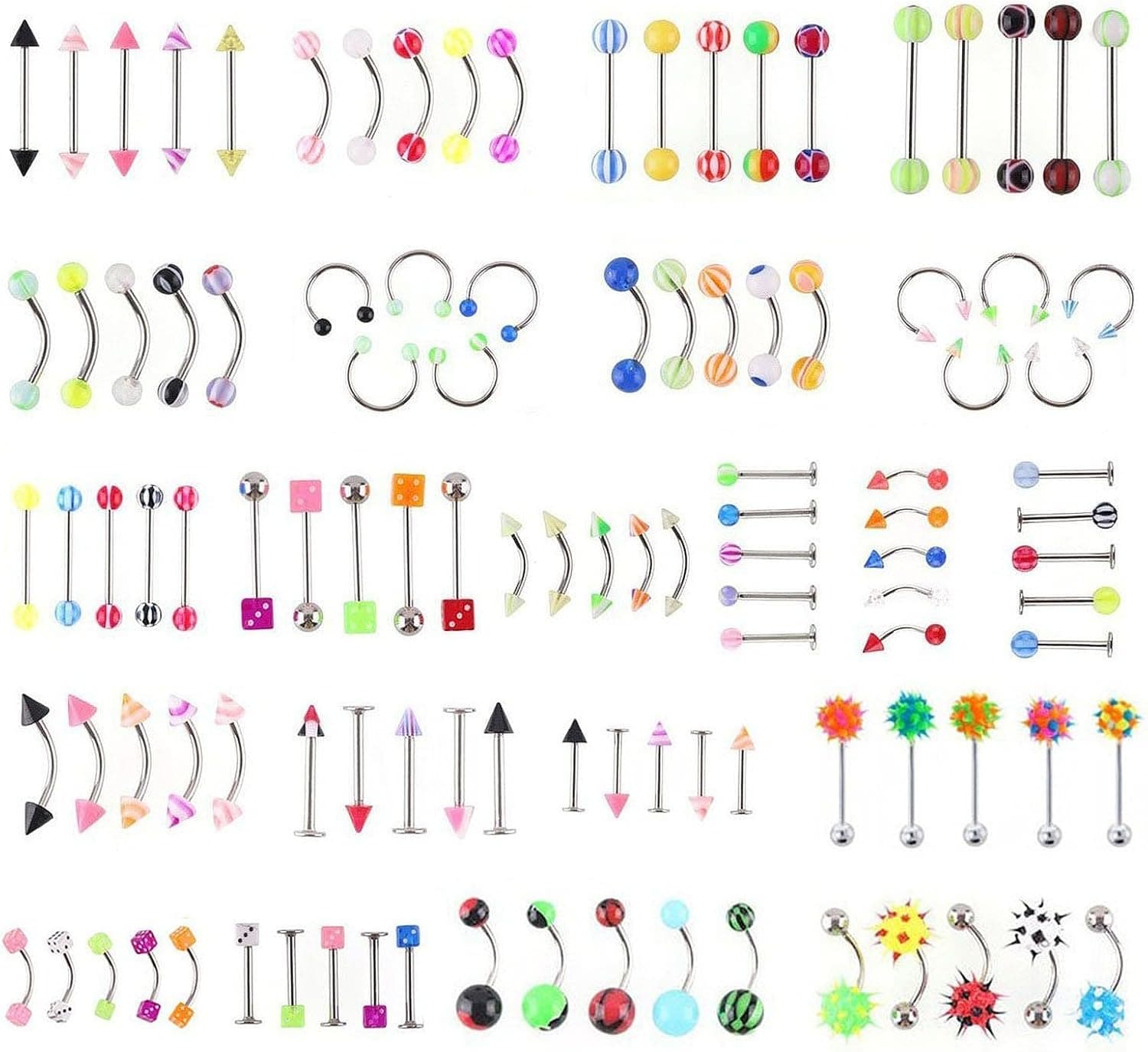 CrazyPiercing Lot 110 PCS Body Jewelry Piercing Eyebrow Navel Belly Tongue Lip Bar Ring 22 Styles
