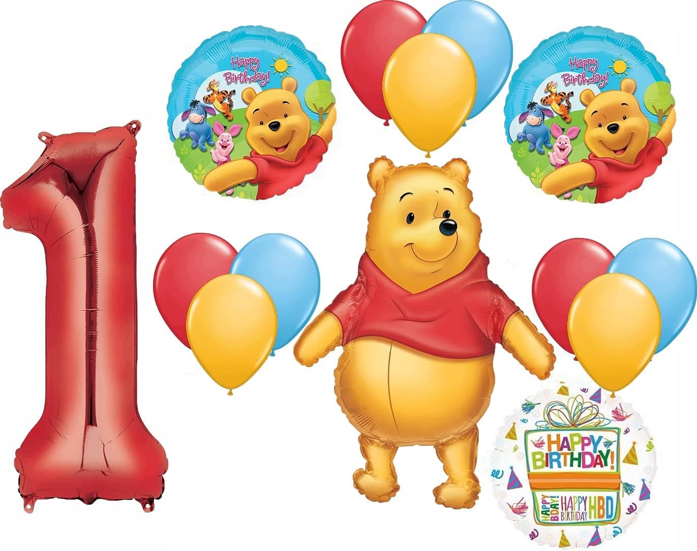 Pooh's 1st First Birthday Party Supplies and Balloon Bouquet Decorations