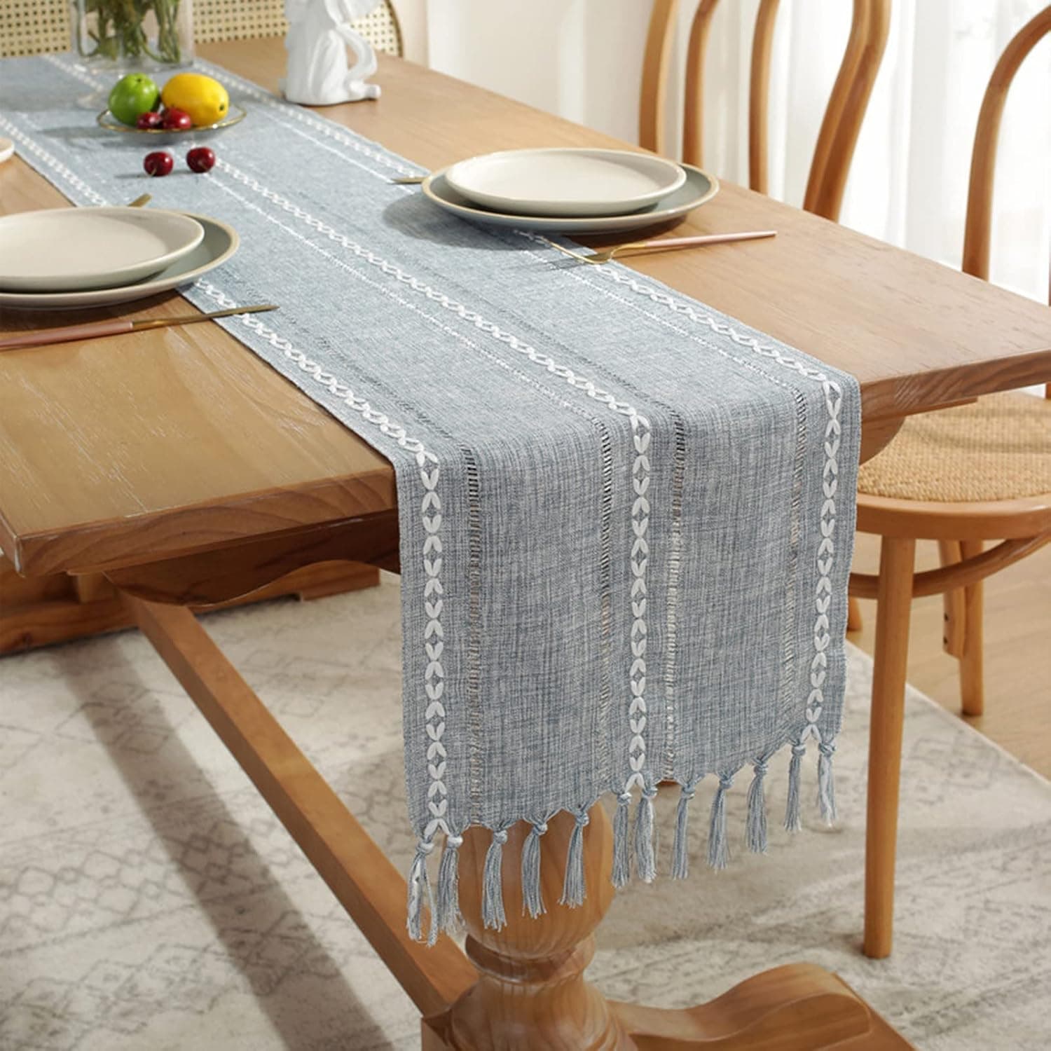 Jeloris Braided Striped Table Runner Farmhouse Cotton Linen Table Runner with Tassels for Parties Christmas Kitchen Dinner Birthday Table Decorations, Dusty Blue, 12 x 72 Inch
