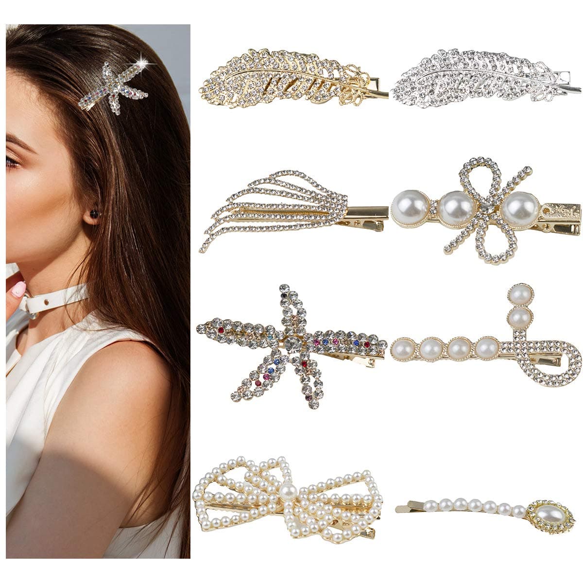 8Pcs Decorative Pearls Rhinestones large Duckbill Alligator Hair Clips For Women Girls Hair Accessories,Gold Metal Hair Pins Hair Barrettes (8pcs Gold)