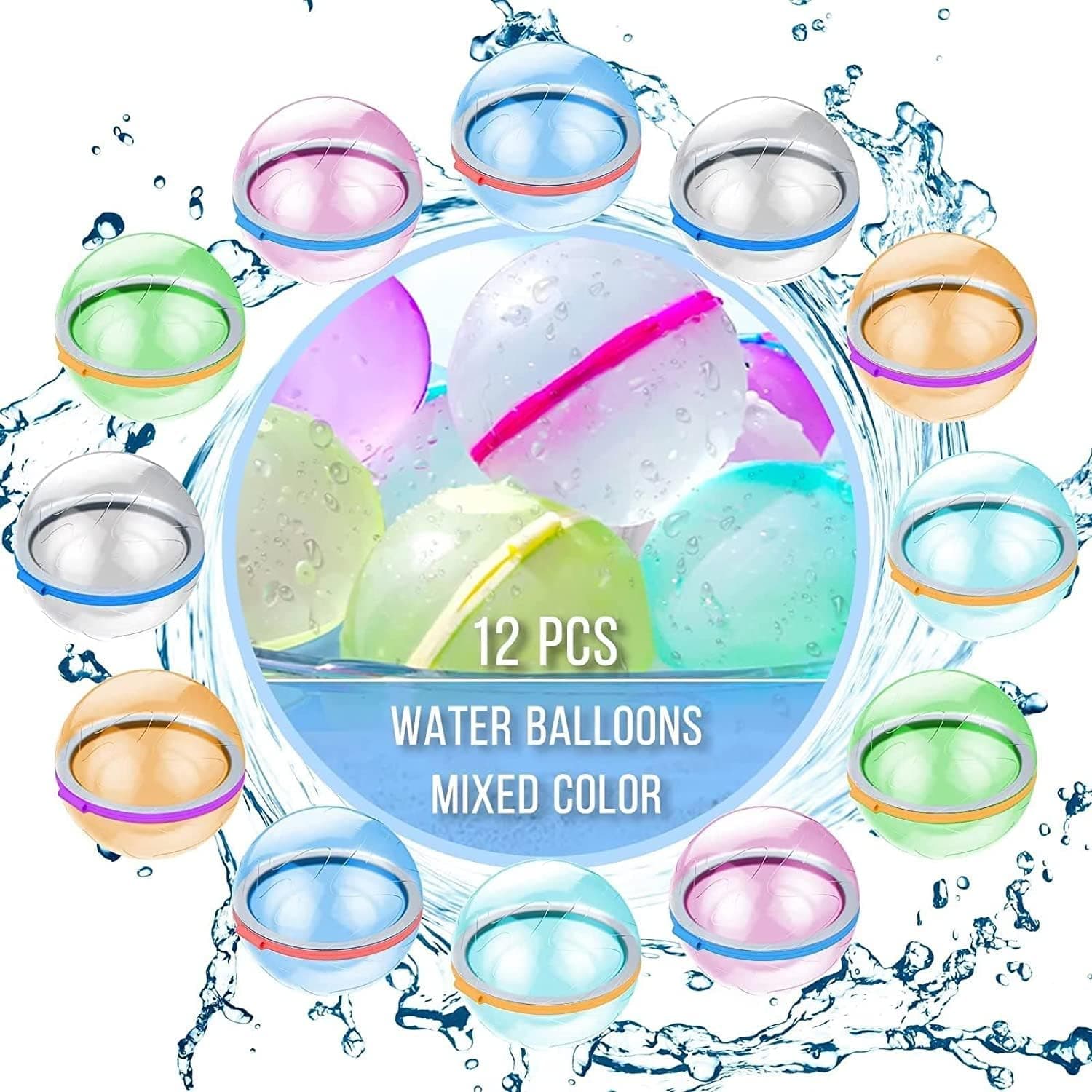 KLEAR [2023 Upgrade] Reusable Water Balloons for Kids Water Bombs Splash Balls for Pool, Refillable Quick Fill Self Sealing for Water Fight Game, Water Park, Summer Party(12Pcs)