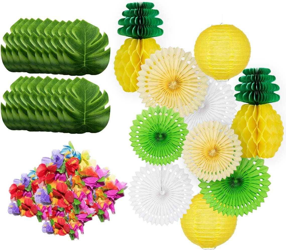 QUANAGOL Hawaiian Party Decorations Luau Tropical Pineapple Theme Party Supplies Kit,Tissue Paper Pineapple Honeycomb, Artificial Palm Leaves, Hibiscus Luau Flower, Paper Lantern, Paper Fan