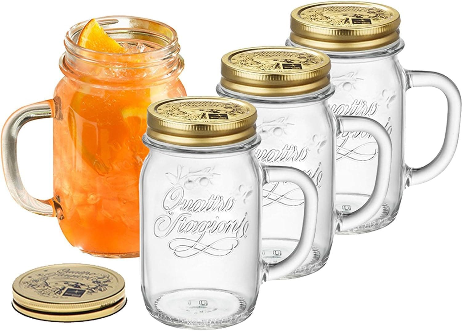 Bormioli Rocco Italian Glass Handle Mason Jar Mugs, 14 Ounce (4 Piece Set) with Gold Lid and Cloth
