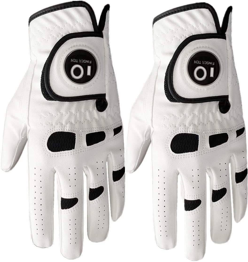 FINGER TEN Men’s Golf Glove Left Hand Right with Ball Marker Value 2 Pack, Weathersof Grip Soft Comfortable, Fit Size Small Medium ML Large XL