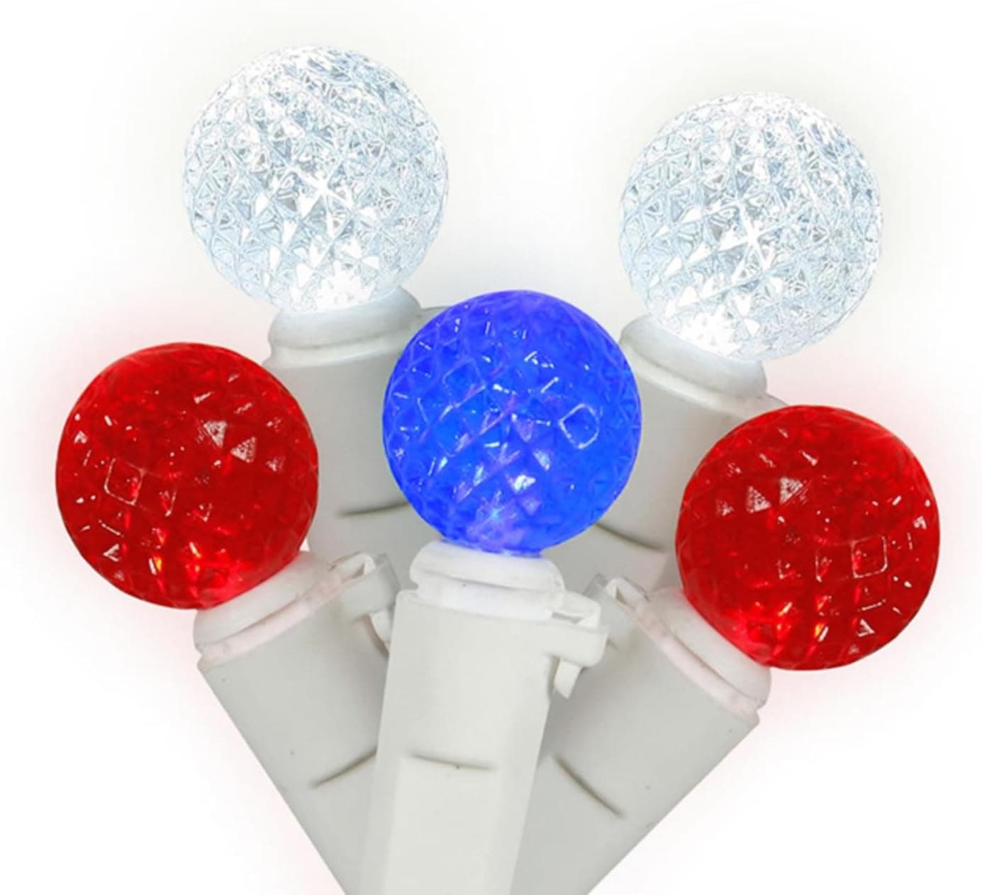 Set of 50 Red, Pure White & Blue 4th of July LED G12 Berry Christmas Lights - White Wire