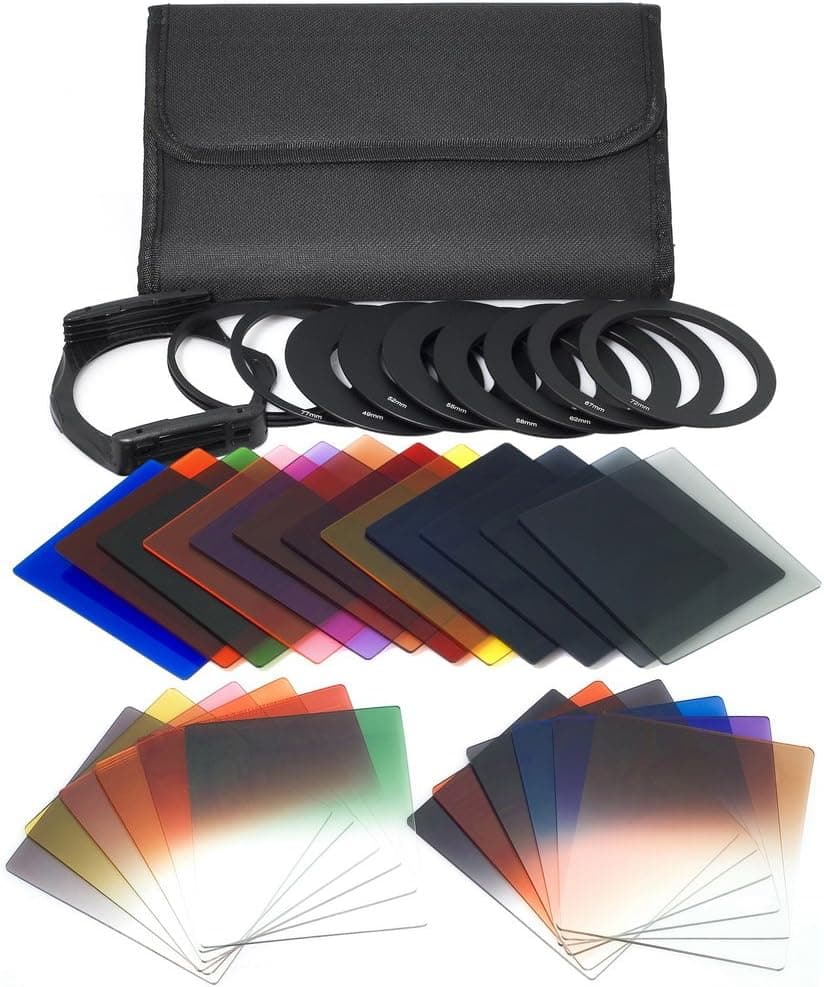 QKOO 17pcs Square Color Filters +4pcs Neutral Density ND Filter ND2/4/8/16 +3pcs Graduated Filter G.ND2/4/8 +9pcs Adapter Rings +Square Holder +Lens Hood +Cases