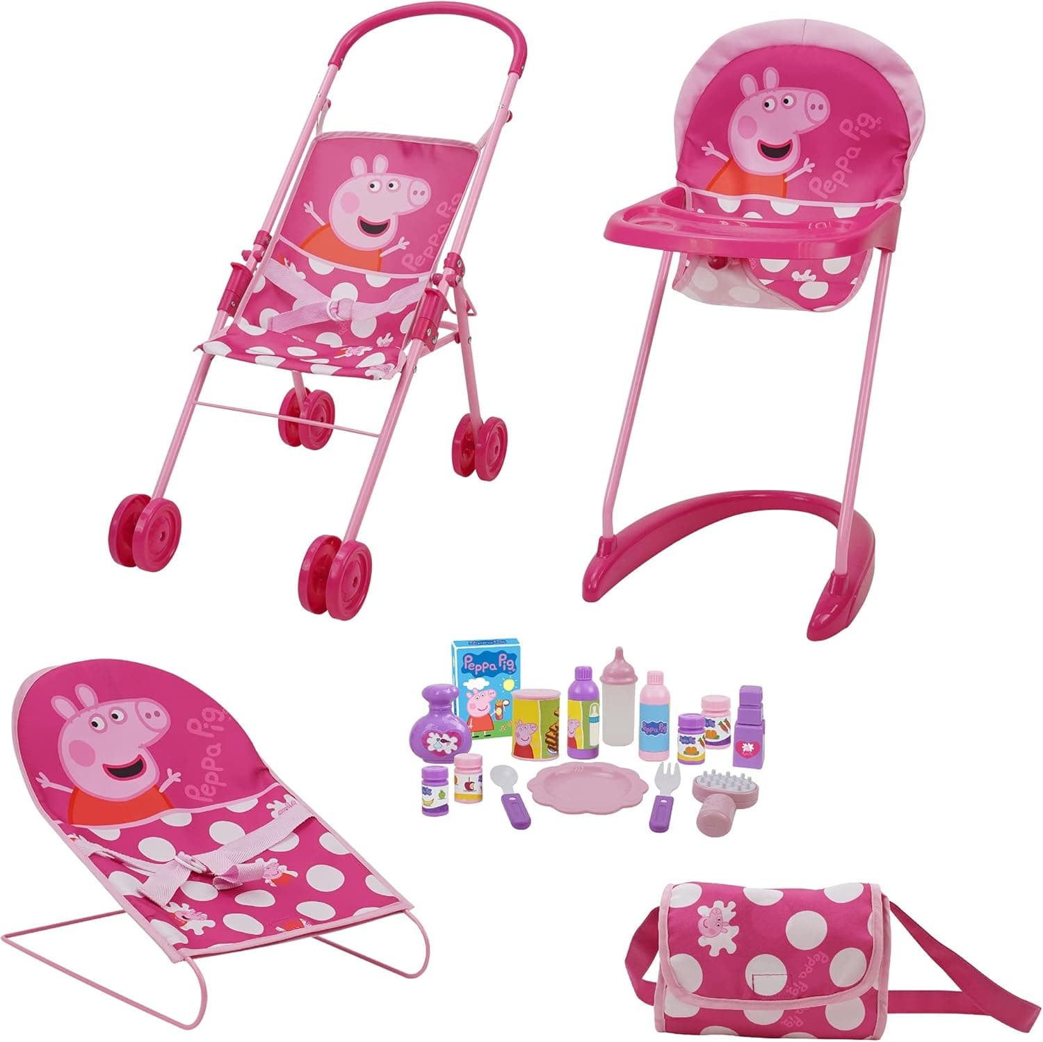 Peppa Pig: 19 Piece Doll Sleep N' Play Set - Pink & White Dots - Travel, Feed, Sleep N' Play Set Includes Half Folding Doll Stroller, Bouncer, Highchair, Matching Diaper/Handbag, for Kids Ages 3+