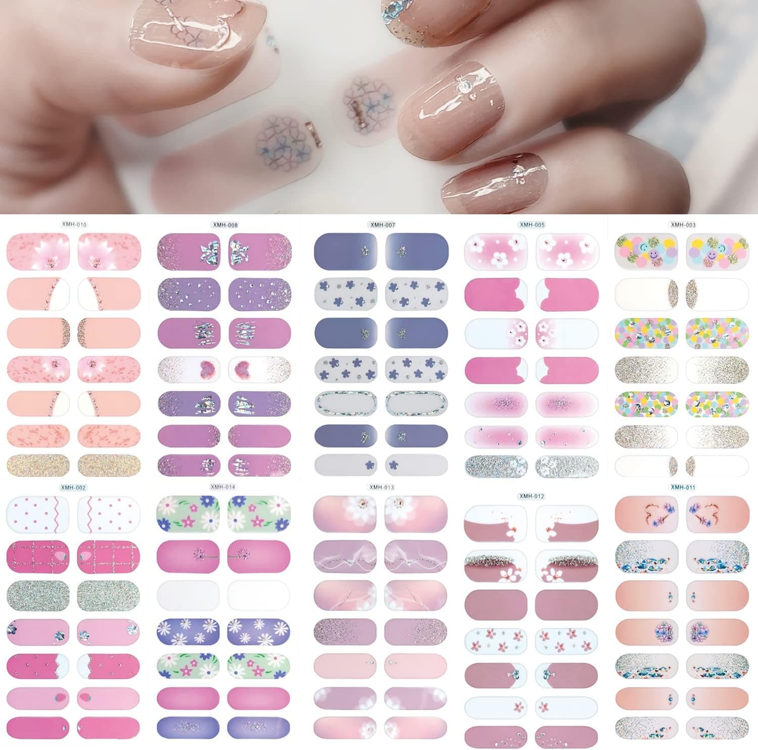 Glitter Flower Nail Polish Strips Luxury Daisy Heart Color Nail Wraps Stickers Self-Adhesive Spring Pattern Nail Decals Kit with Nail File As Gifts for Girl Women Manicure Tips (10 Sheets)
